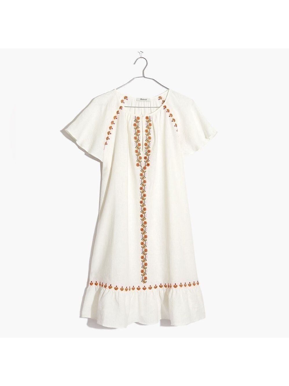 Madewell Women’s Embroidered Linen-Blend Raglan Ruffle Mini Dress Tunic White S
